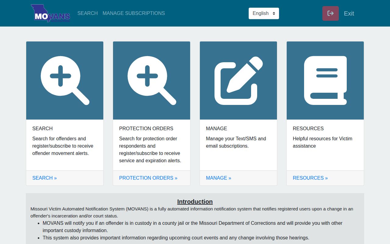 Live Missouri MOVANS search and agency screen for custody checks
