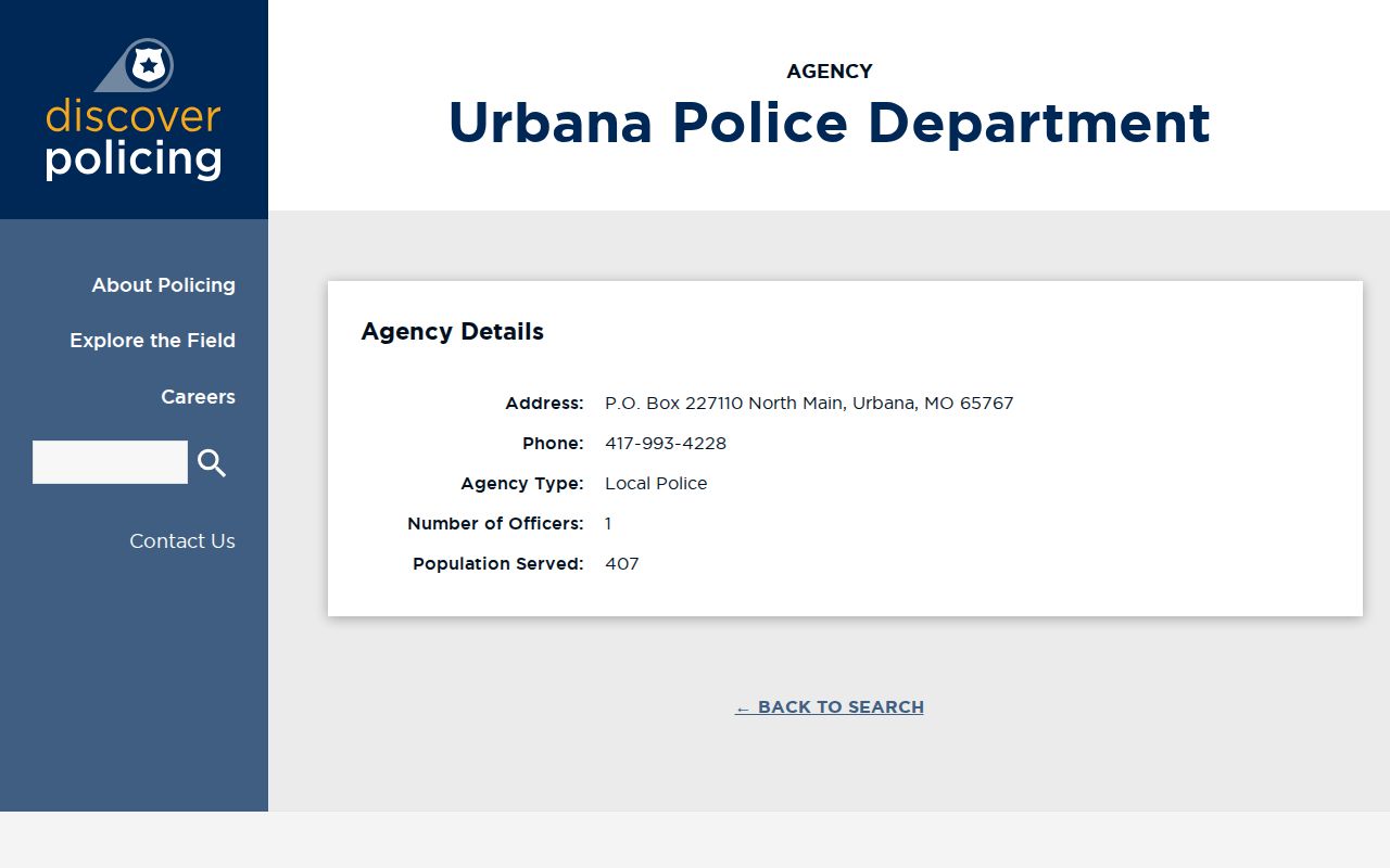 Discover Policing directory entry for Urbana Police Department in Missouri