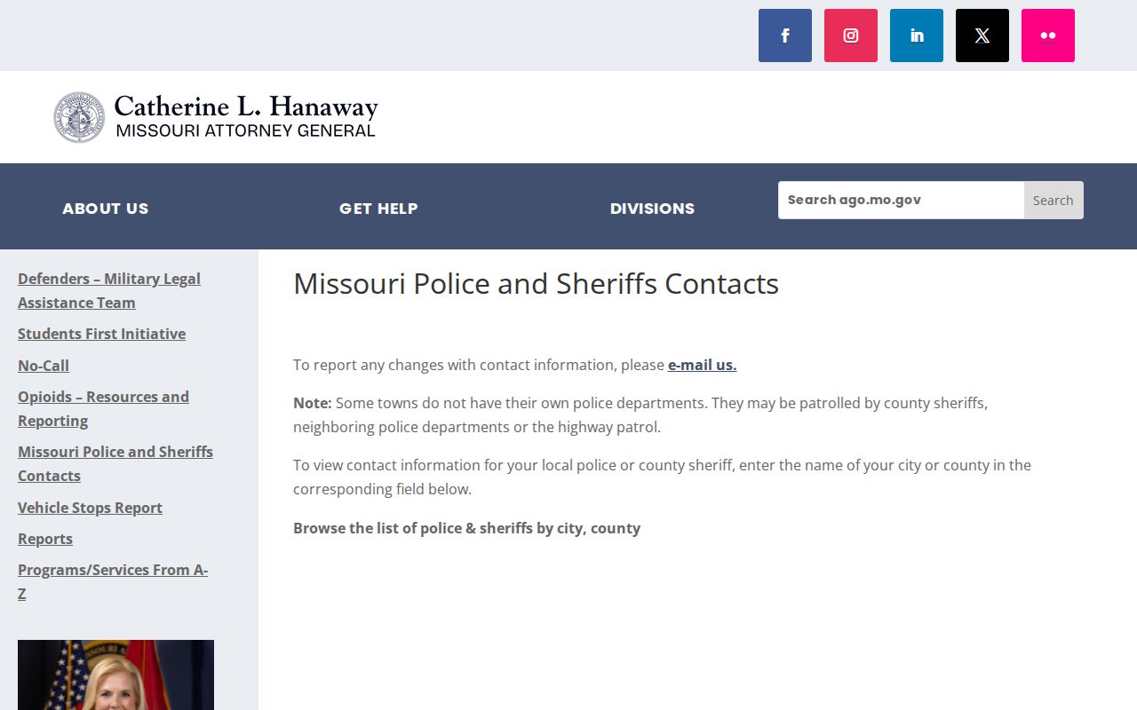 Missouri Attorney General police and sheriff contact guidance used for Louisburg agency routing